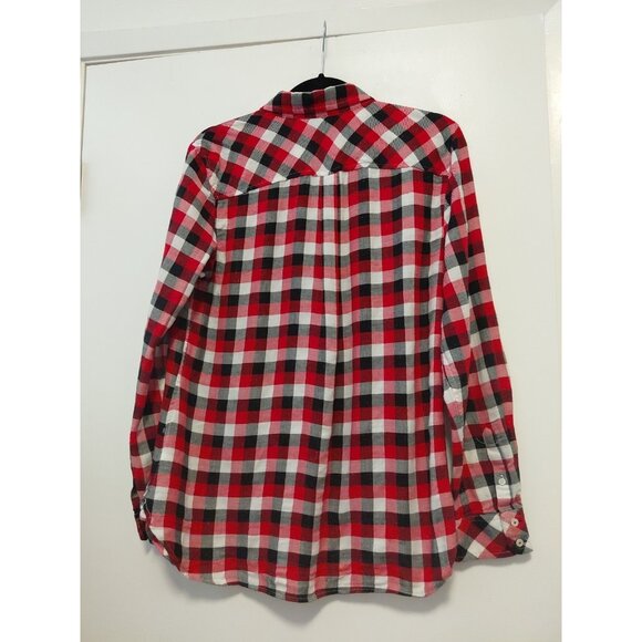 Talbots Flannel Shimmer Button Up Blouse Red White Gold Plaid Cozy Cabin Med - Picture 5 of 7